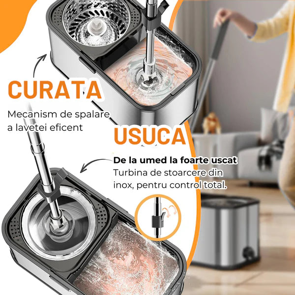Mop rotativ cu găleată pe roți DreamRamp® din inox antibacterian