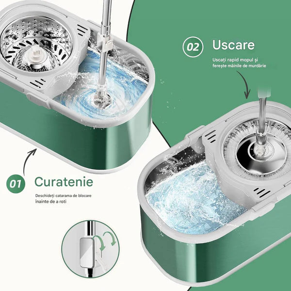 Mop rotativ cu găleată pe roți DreamRamp® din inox antibacterian