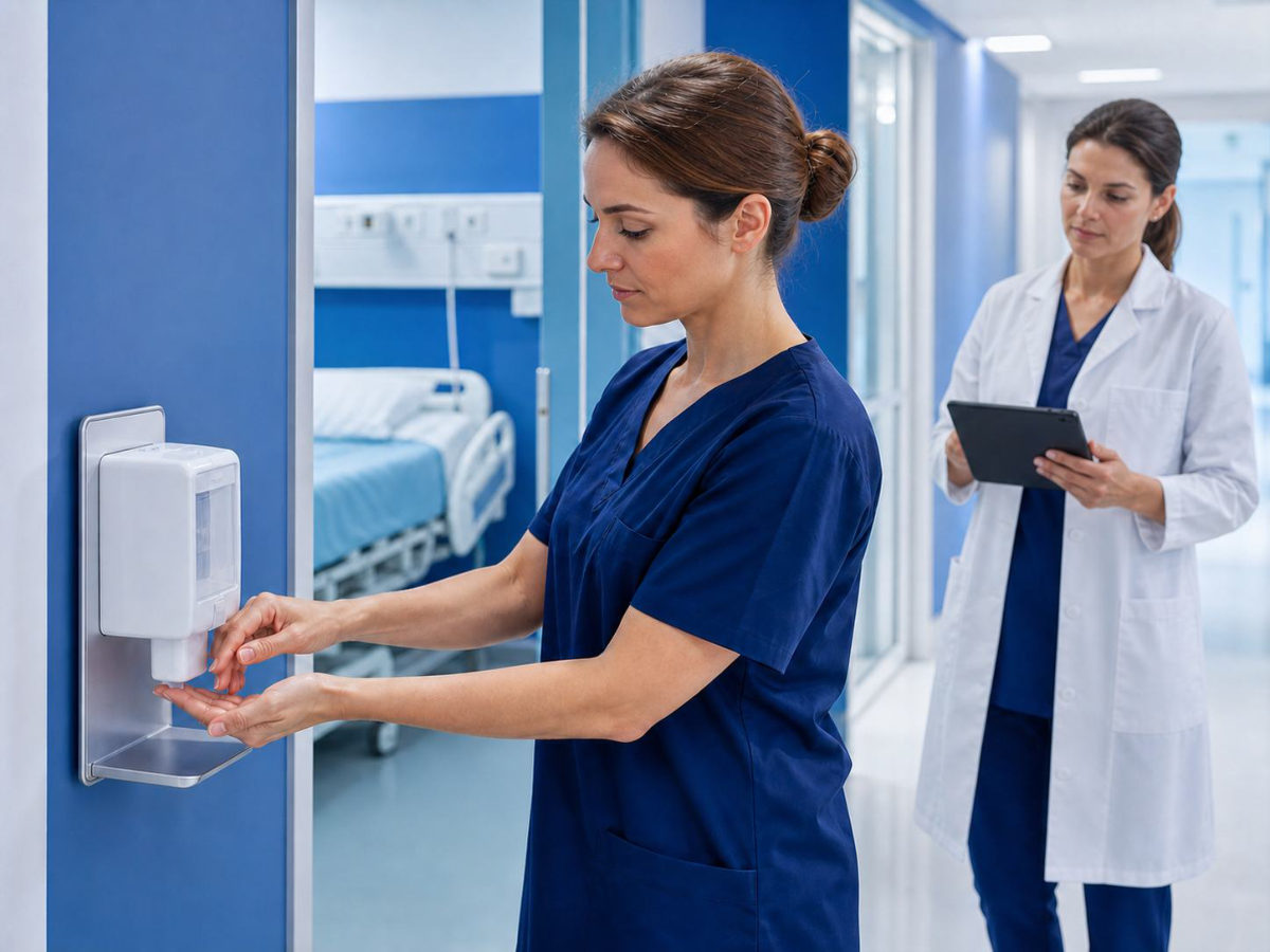Asistentă care își dezinfectează mâinile la un dozator din spital