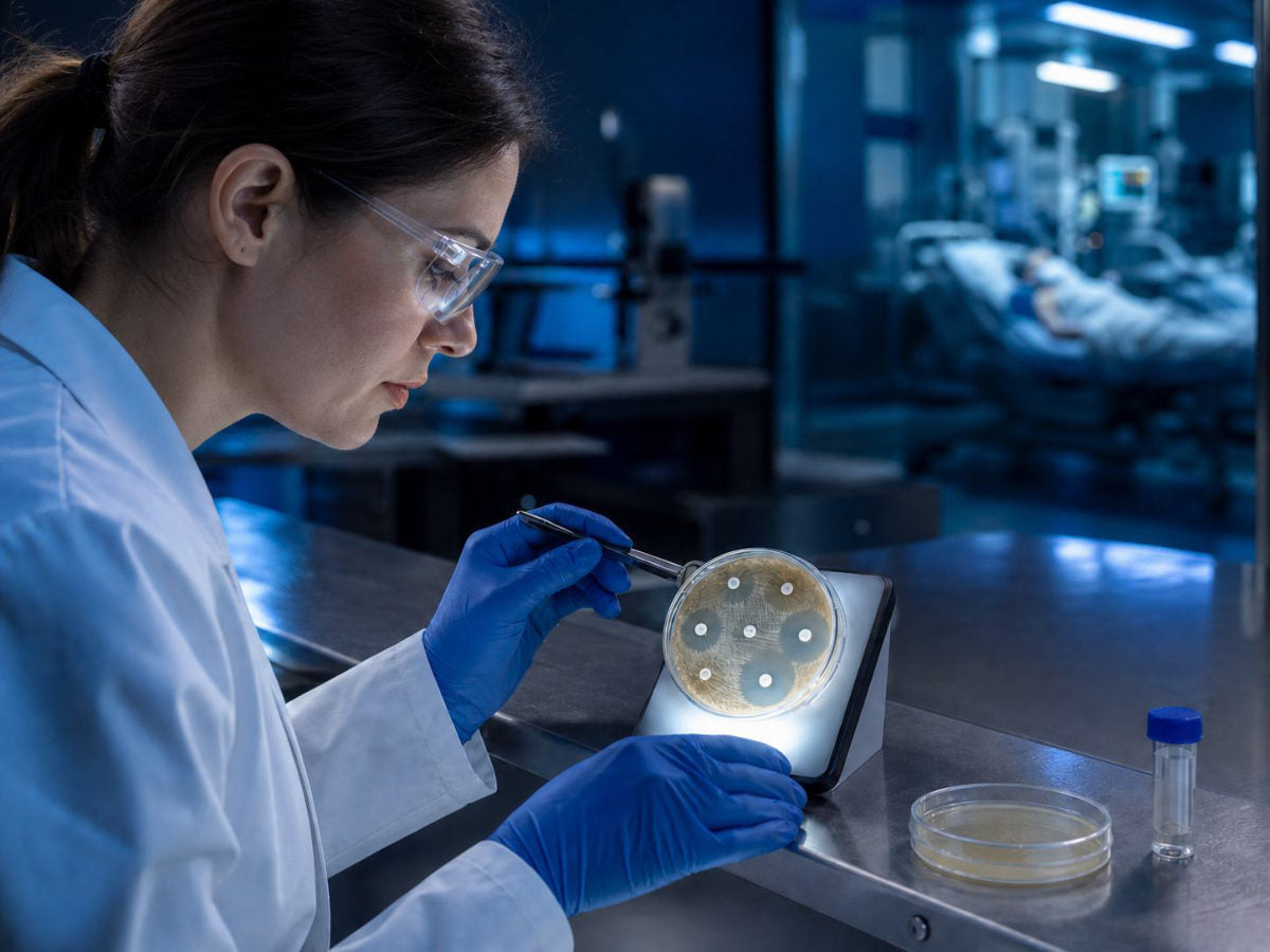Cercetătoare care analizează o cultură bacteriană în laborator