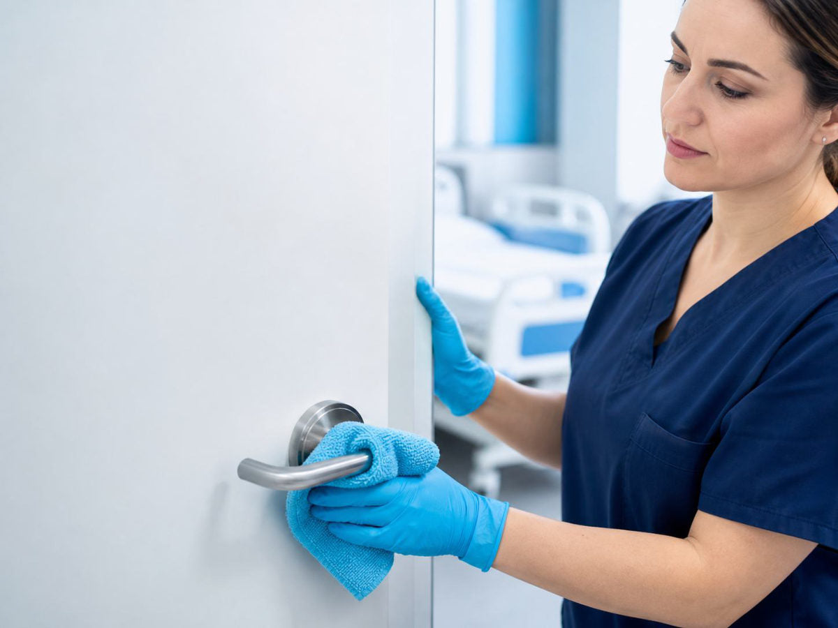 Asistentă care dezinfectează clanța ușii unui salon
