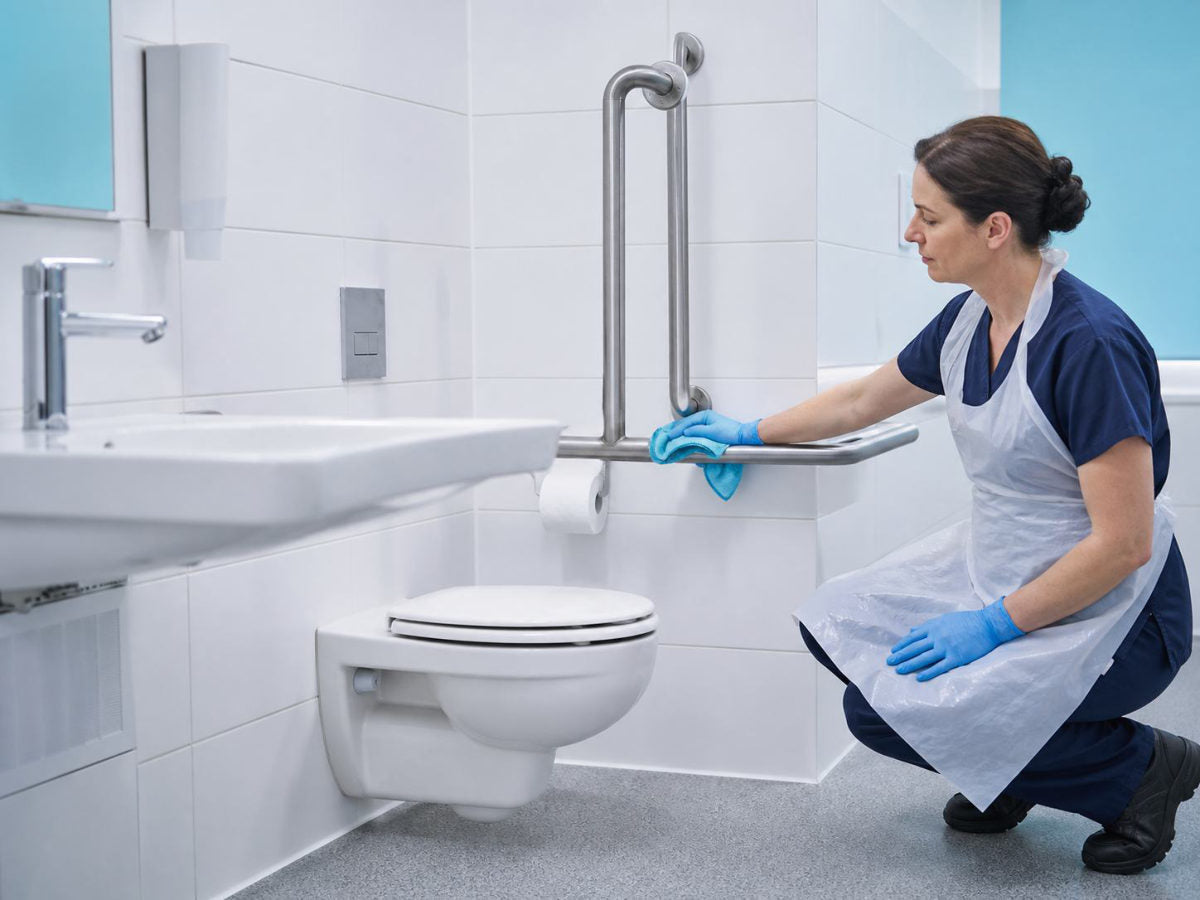 Curățarea mânerului de sprijin dintr-un grup sanitar de spital
