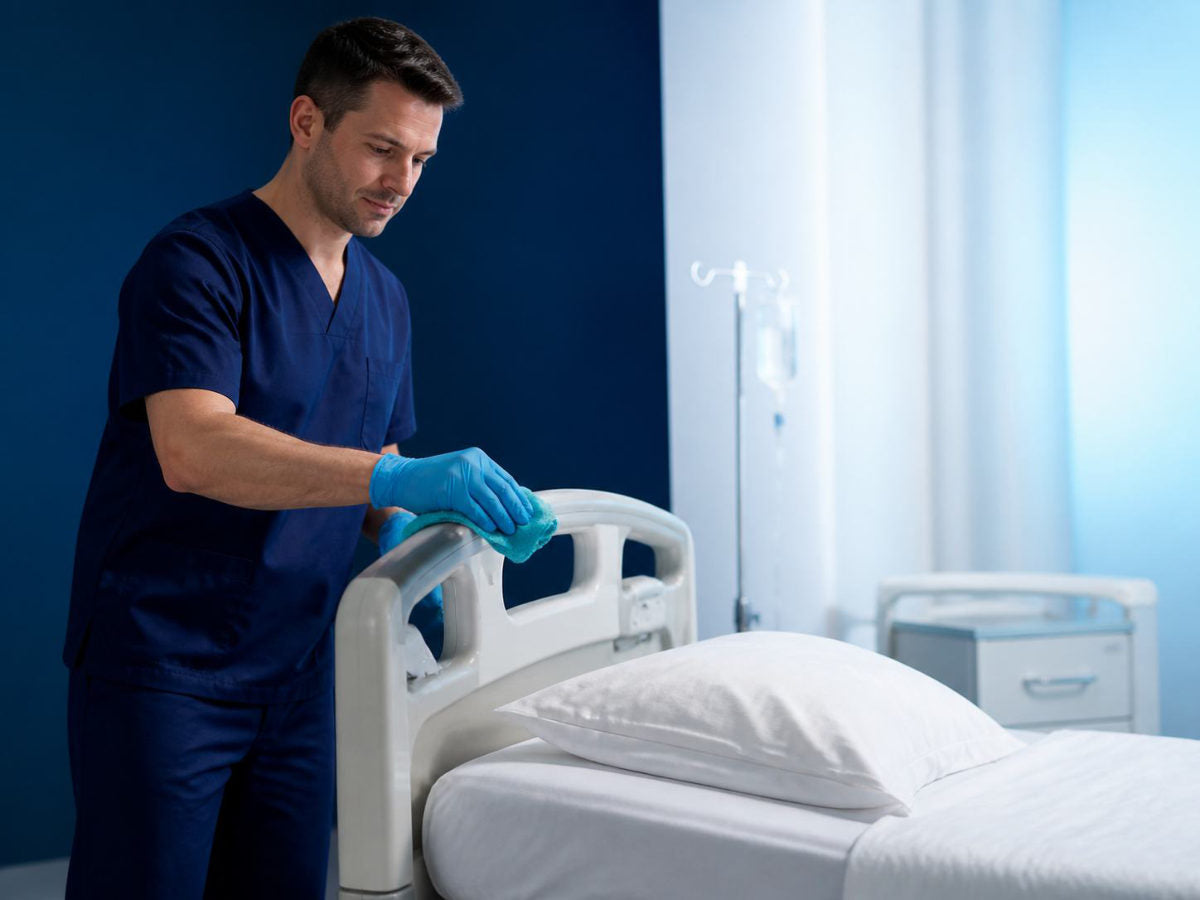 Asistent care dezinfectează bara laterală a unui pat de spital