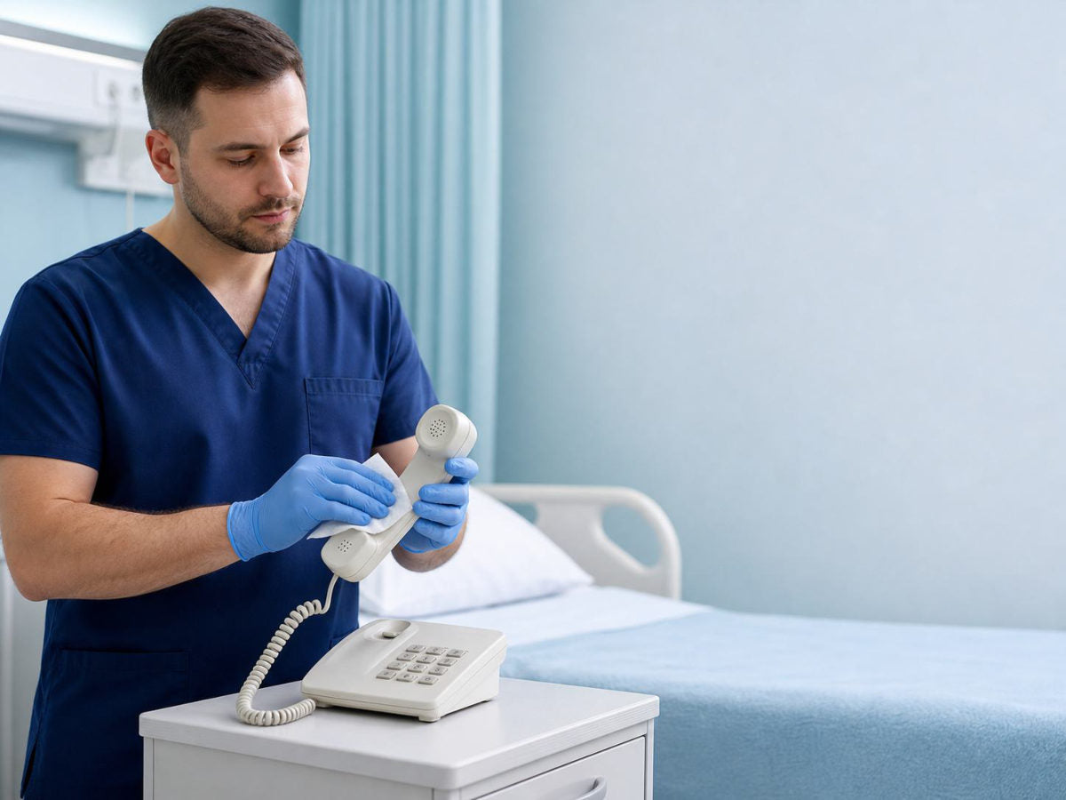 Asistent care dezinfectează telefonul de lângă patul pacientului