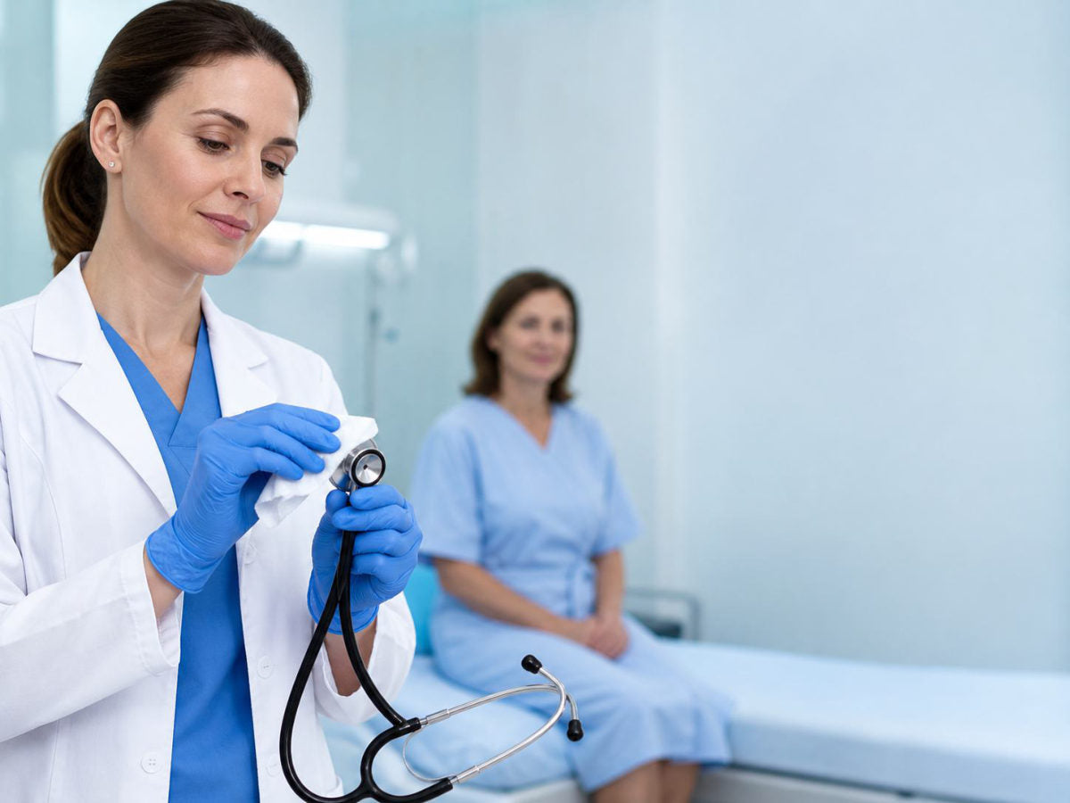 Medic care dezinfectează stetoscopul după examinarea unei paciente