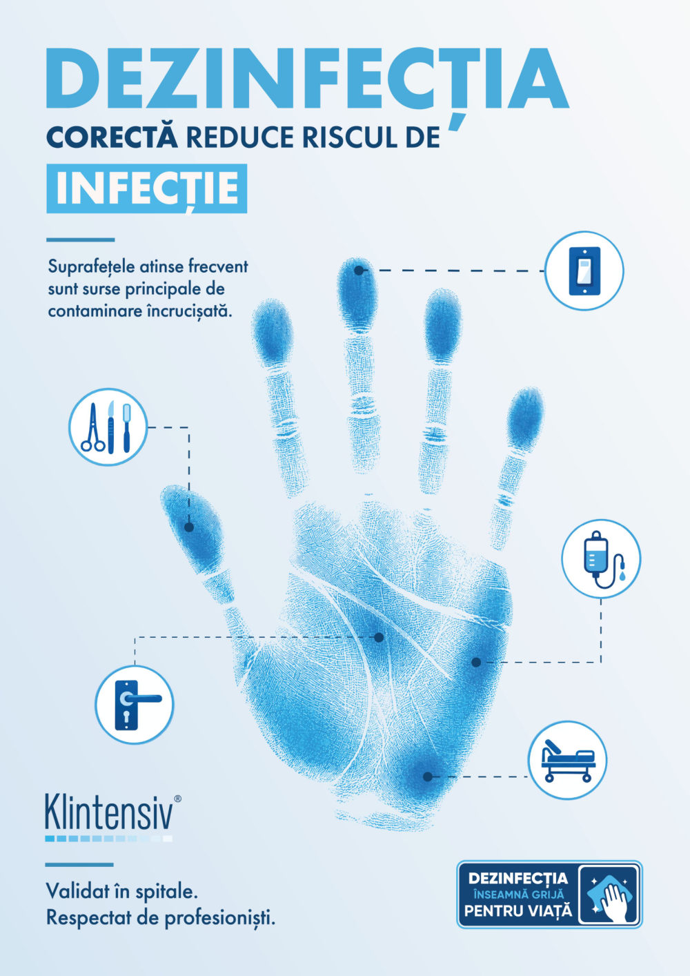 Afiș Klintensiv: dezinfecția corectă reduce riscul de infecție