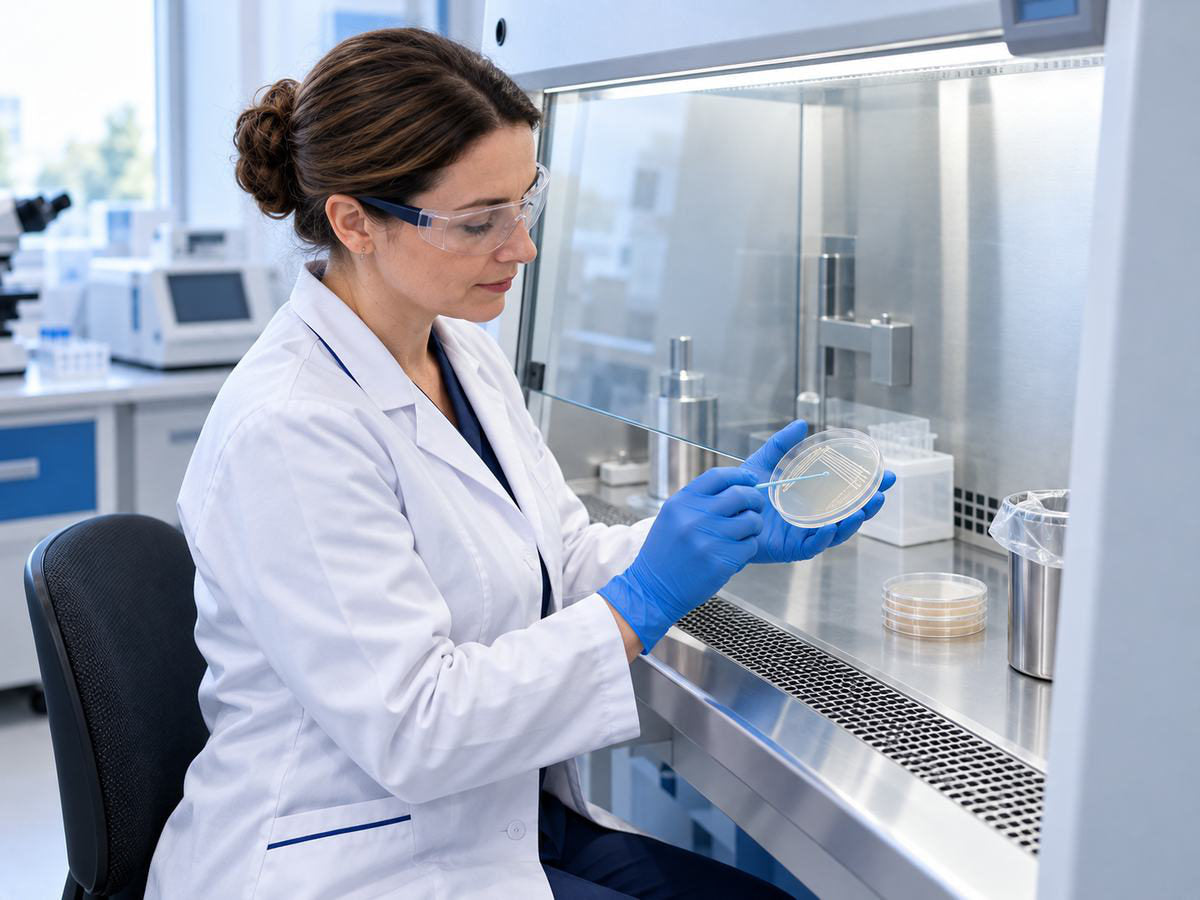 Cercetătoare care analizează o cultură microbiologică în laborator