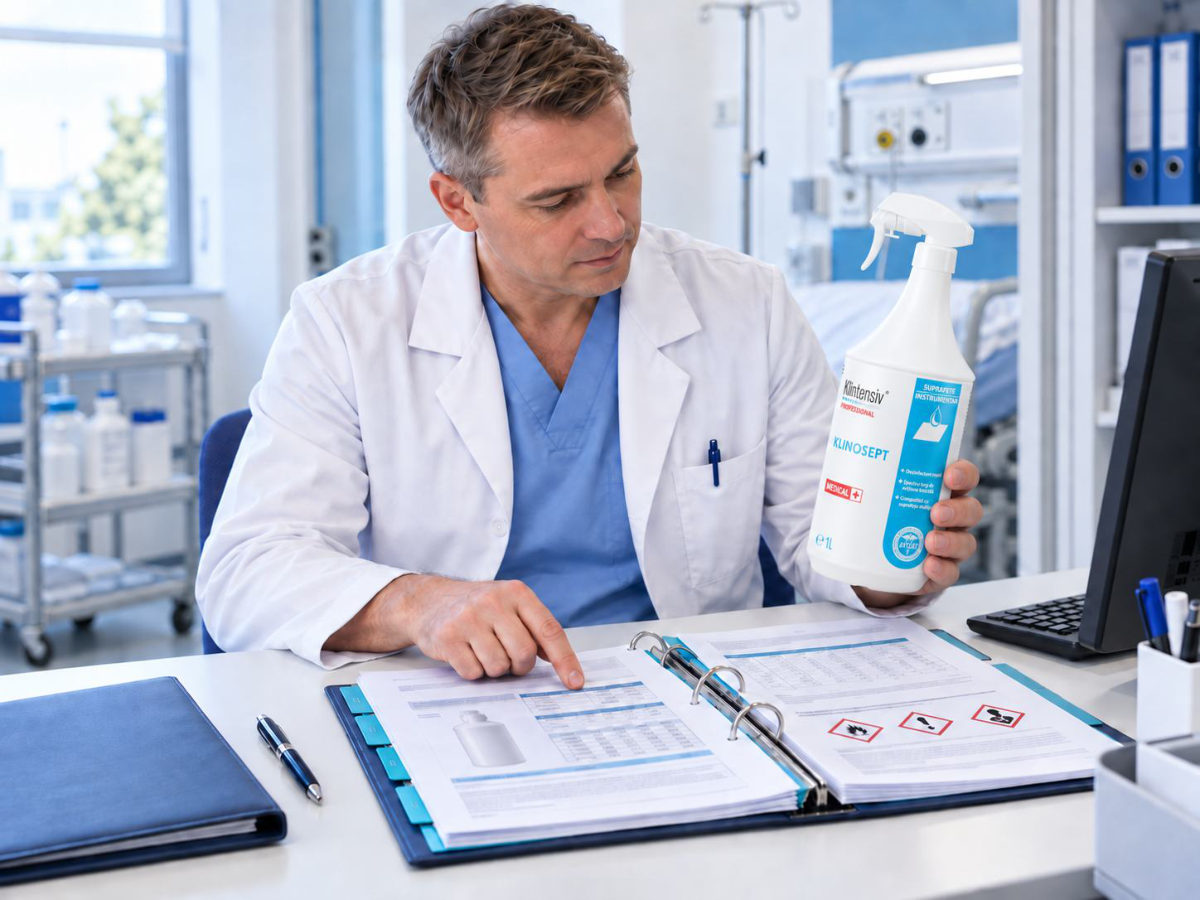 Medic care consultă documentația tehnică a unui dezinfectant