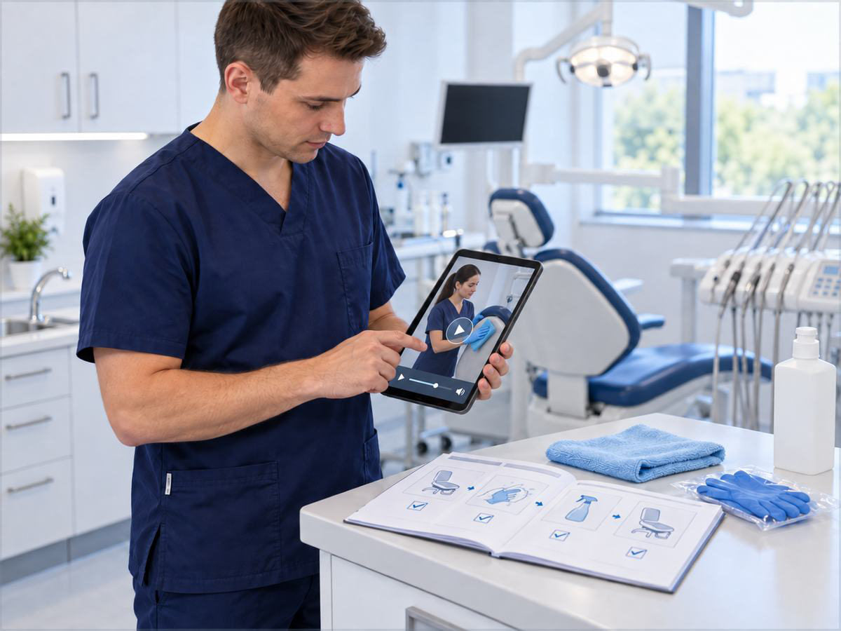 Medic stomatolog care consultă un ghid de igienă pe tabletă