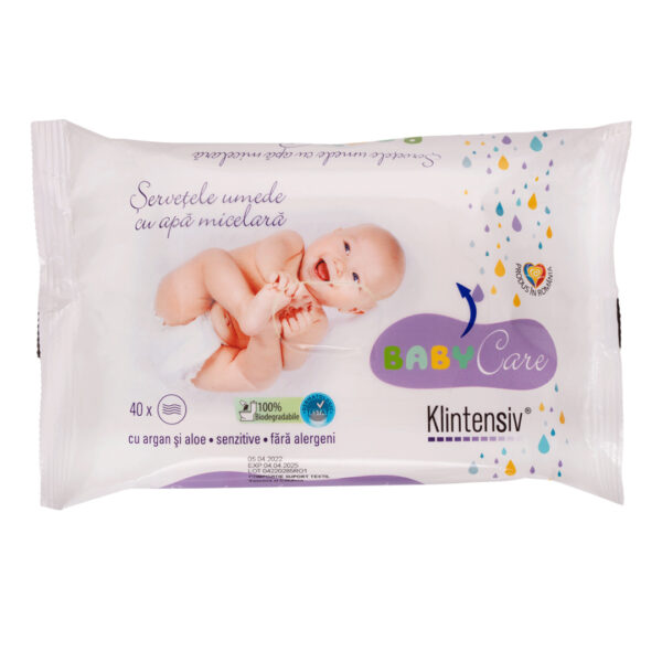 KLINTENSIV®- Servetele umede Baby cu apa micelara, argan si aloe, 100% biodegradabile, 40 buc.