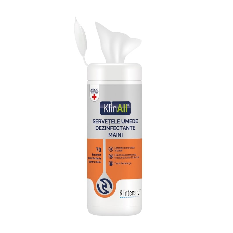Klinall® - servetele umede dezinfectante pentru maini, tub 70 buc.