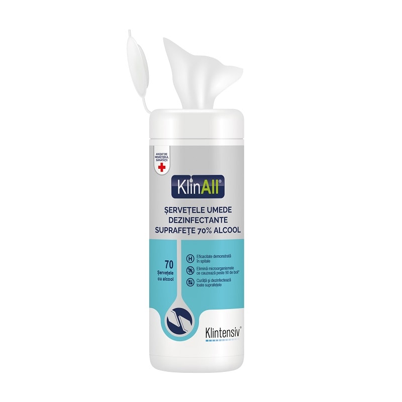 Klinall® servetel dezinfectant suprafete, 70% alcool, tub 70 bucati
