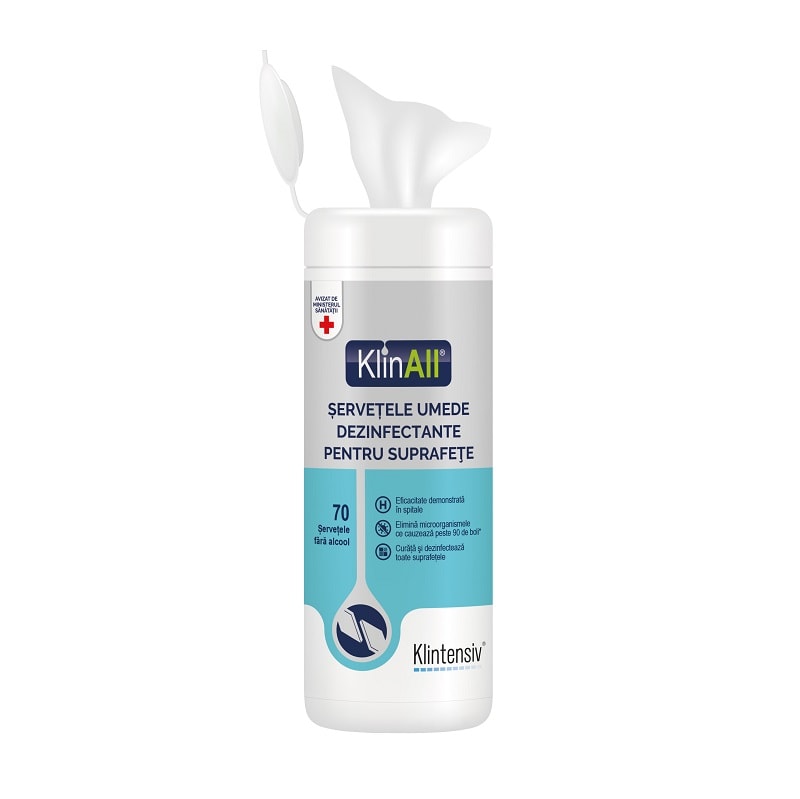 Klinall® - Șervețele umede dezinfectante pentru suprafețe, tub 70 buc.