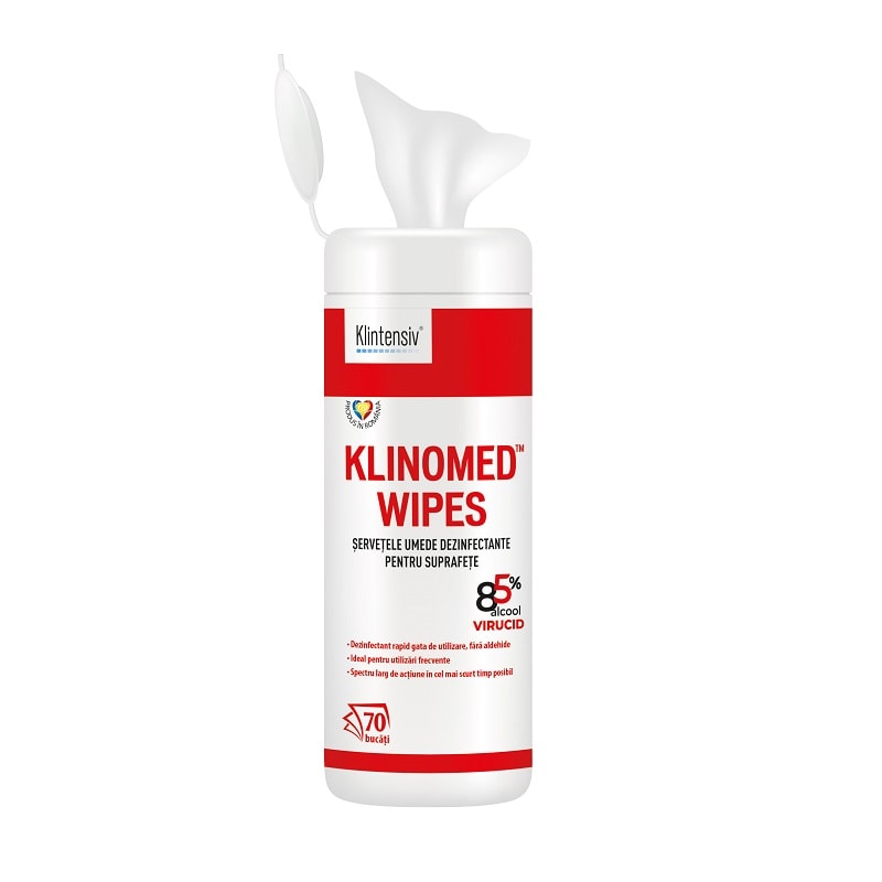 Klinomed wipes® servetel dezinfectant suprafete, 85% alcool, tub 70 bucati